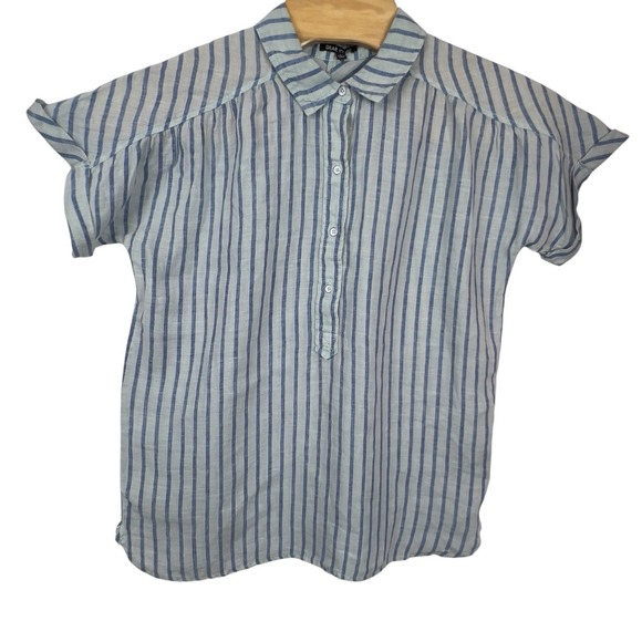 Dear John Tops - Dear John Grace Washed Striped 100% Linen Top‎ Large Blue/White Short Sleeve NEW